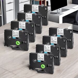 8 Pack TZe231 Black on White Label Tape For Brother P-Touch Label Makers 12mm